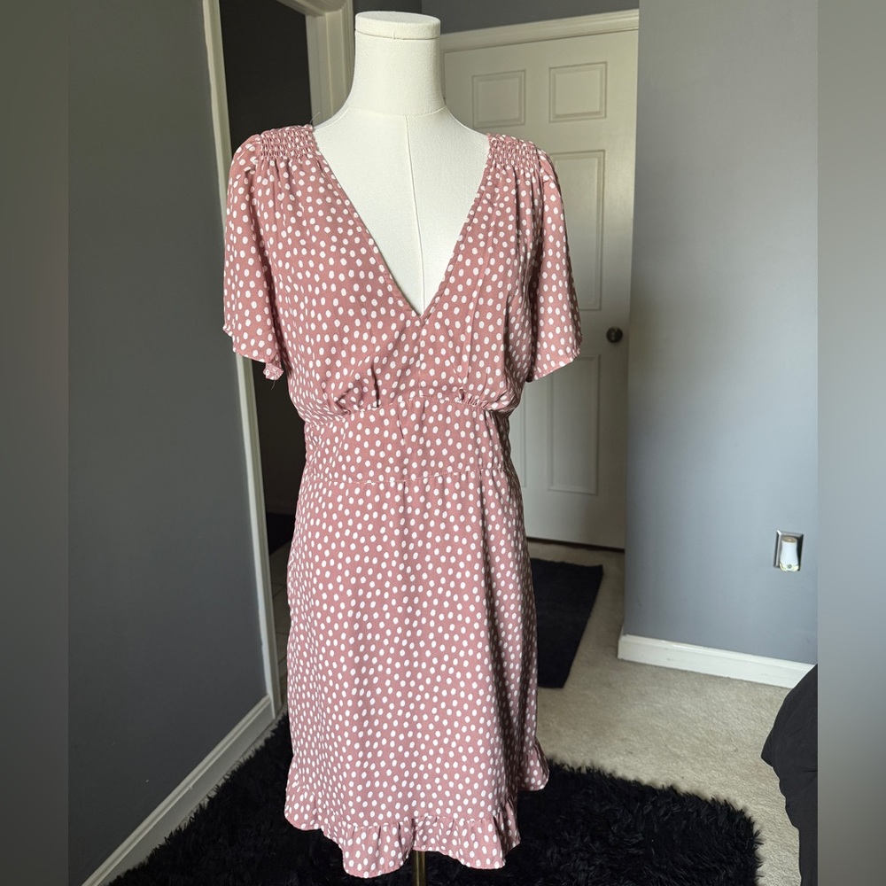 Abercrombie Pink and White Polka Dot V-Neck Dress